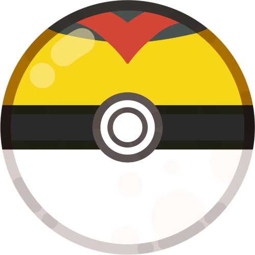 a level ball from pokémon. it has a yellow top half, crowned with a black circle and a red V shape that points down. the bottom is white, and separated from the top by a black band
